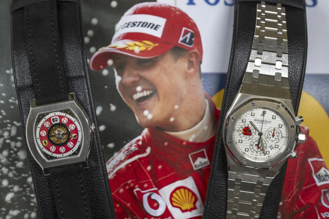Two watches belonging to Michael Schumacher, are on display during a preview at the Christie’s, in Geneva on May 09, 2024. (AP)