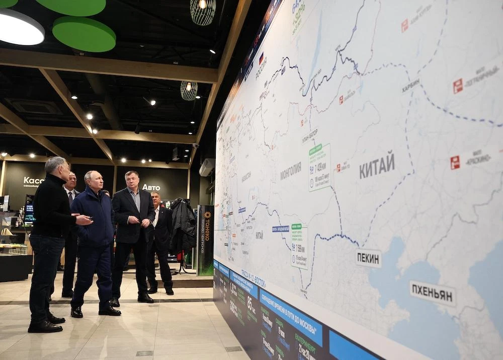 Above, Russia’s President Vladimir Putin visits a roadside service area of M12 Vostok Highway in Tatarstan on Feb. 22, 2024. (Sputnik via AFP)