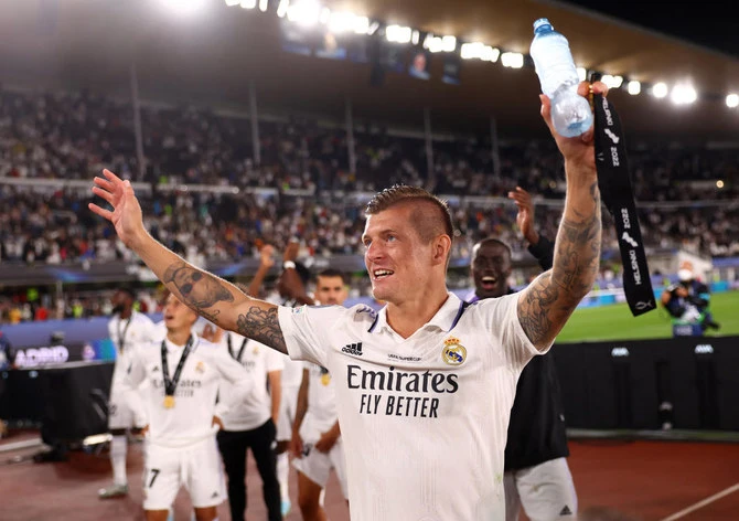 Real Madrid’s Toni Kroos celebrates after winning their European Super Cup match against Eintracht Frankfurt at Helsinki Olympic Stadium, Helsinki on Wednesday. (Reuters/File)