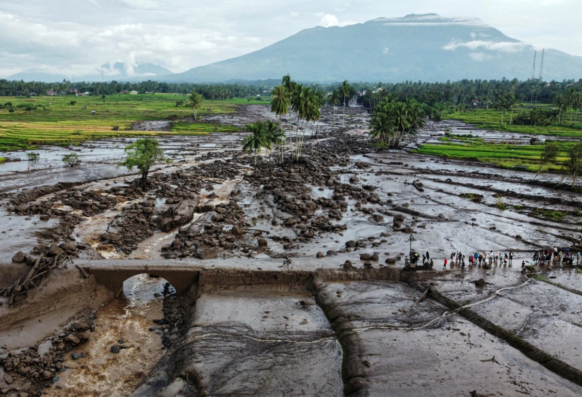 A drone view shows an area affected by heavy rain brought flash floods and landslides in Tanah Datar, West Sumatra province, Indonesia, on May 12, 2024. (Antara Foto via Reuters)
