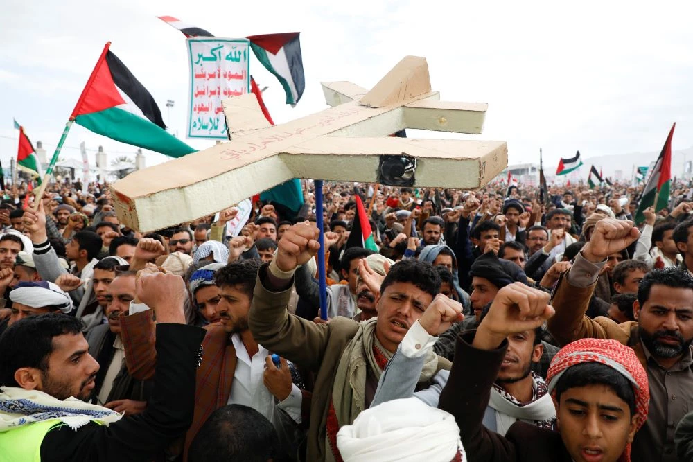 Houthi supporters attend a rally against the US-led airstrikes on Yemen and the war in the Gaza Strip in Sanaa, Yemen, March 1, 2024. (AP Photo)