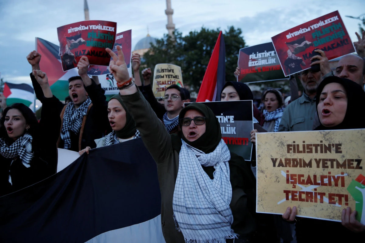 Protesters attend a solidarity rally in Istanbul, Turkiye, on May 15, 2024, to mark the 76th anniversary of the "Nakba" or "catastrophe" in commemoration of the mass dispossession of Palestinians in the 1948 war surrounding Israel's creation, and in solidarity with Palestinians in Gaza who are suffering from Israells invasion. (REUTERS)