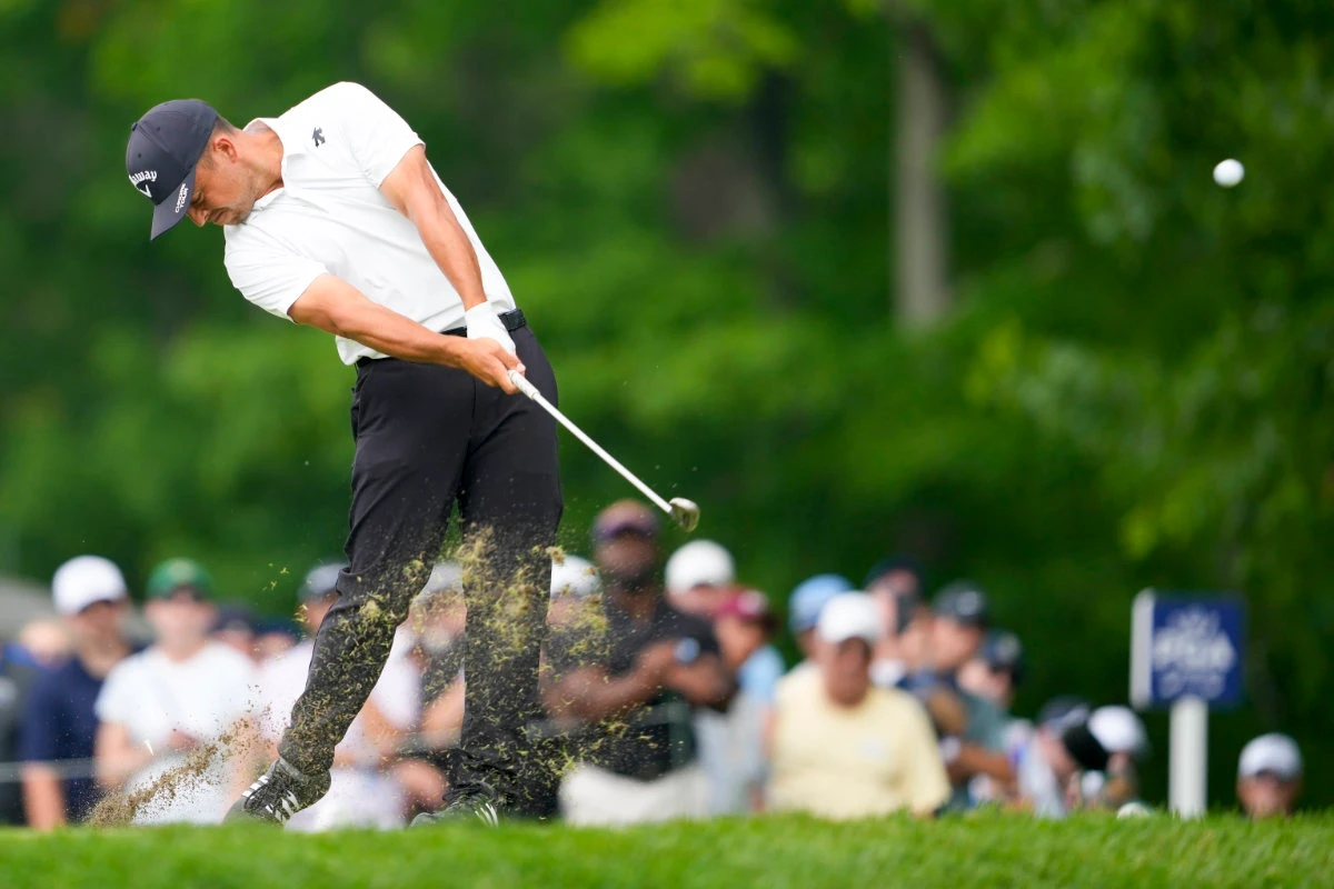 Xander Schauffele hits from the fairway on the eighth hole during the first round of the PGA Championship golf tournament at the Valhalla Golf Club Thursday in Louisville, Kentucky. (AP)