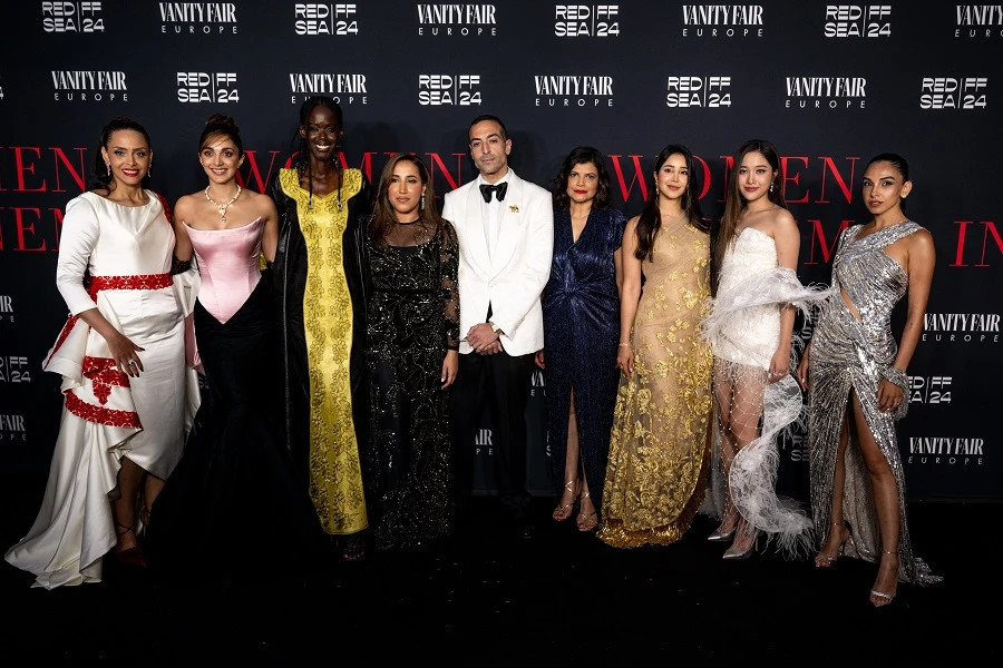 Salma Abu Deif, Kiara Advani, Sarocha Chankimha, Adhwa Fahad, Aseel Omran, and Ramata Toulaye-Sy pose with pose with SRMG CEO Jomana Al-Rashid and RSIFF CEO Mohammed Al-Turki. (Ammar Abd Rabbo)