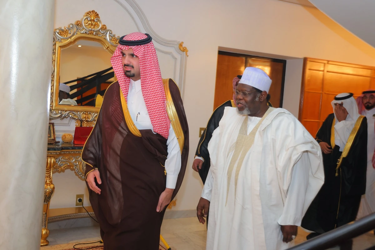 Cameroon’s ambassador to Saudi Arabia Iya Tidjani with guests at the embassy. (Supplied)