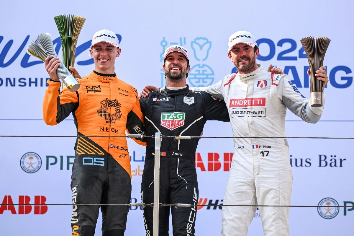 Shanghai E-Prix winner Antonio Felix da Costa (center) with second-placed Norman Nato (right) and third-placed Jake Hughes