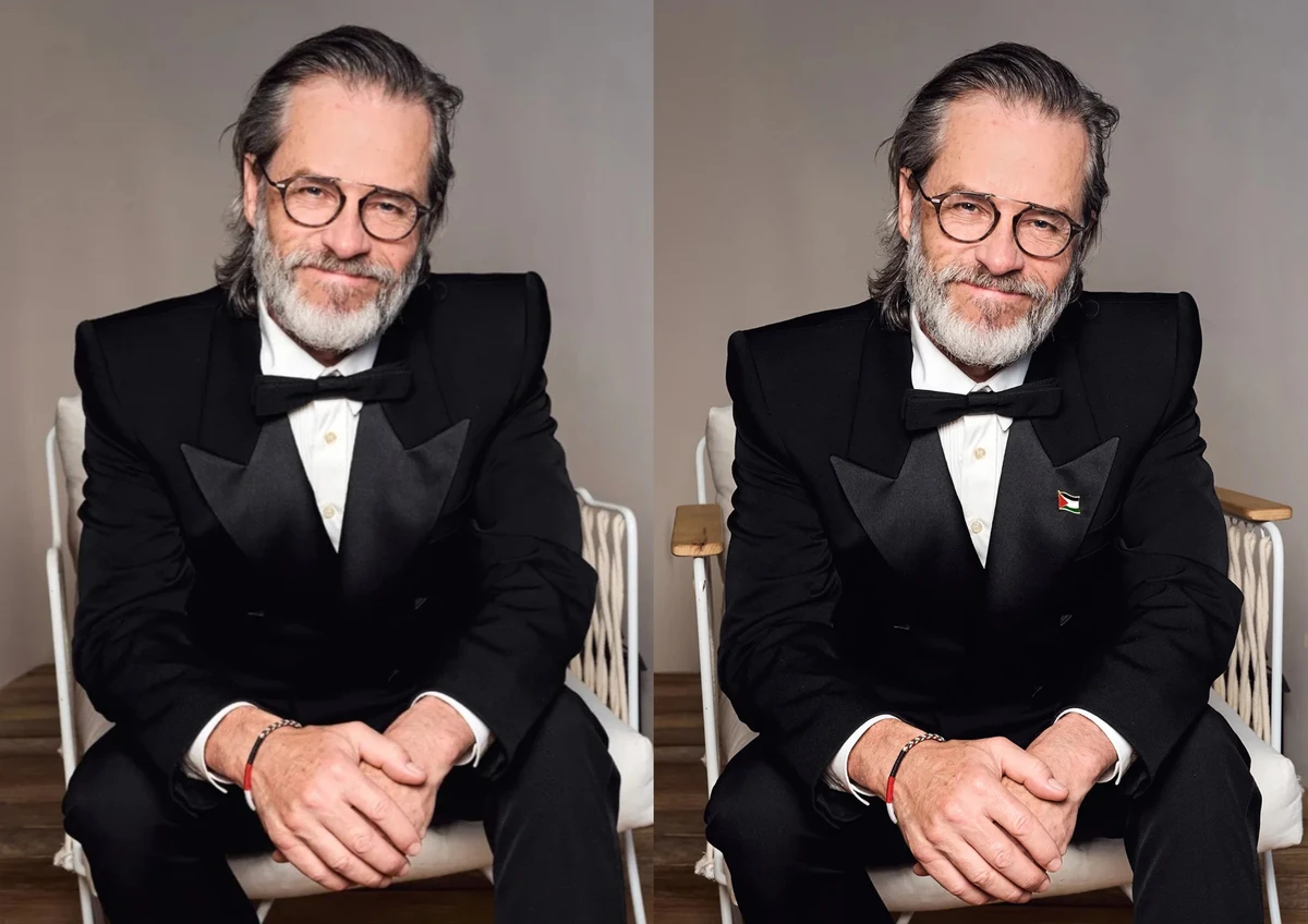 A doctored image of Australian actor Guy Pearce without his Palestinian flag pin published by Vanity Fair France (right) and the original version of the photo (left) (Vanity Fair)