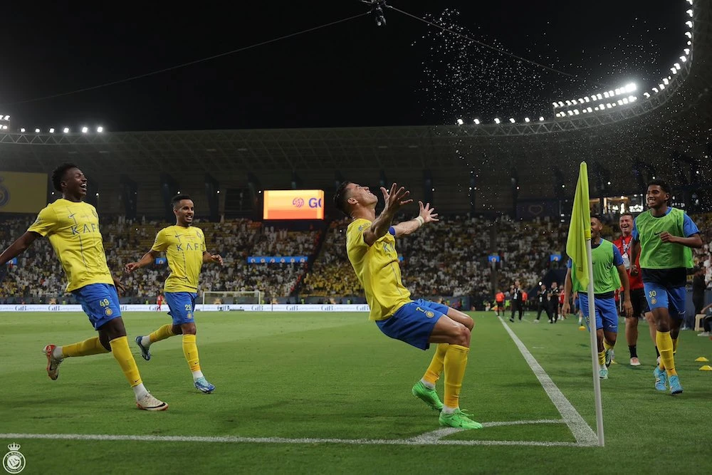 Cristiano Ronaldo celebrates after scoring in Al-Nassr’s 4-2 win over Al-Ittihad on the final day of the 2023-24 Saudi Pro League season. (X: @AlNassrFC_EN)