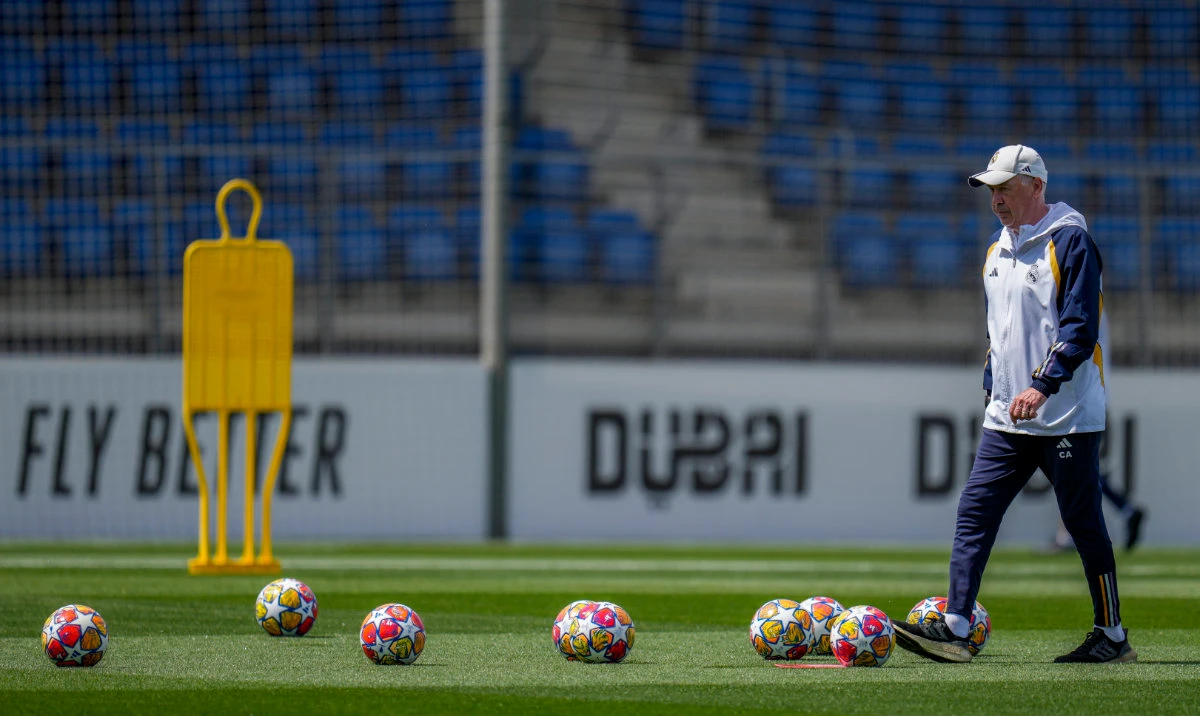 Real Madrid's head coach Carlo Ancelotti attends a training session during a Media Opening day in Madrid Monday. Borussia Dortmund will play against Real Madrid in Saturday's Champions League final in London. (AP)