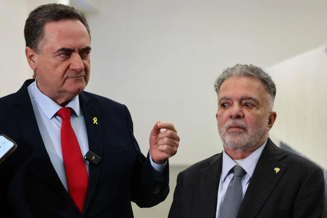 Israel’s Foreign Minister Israel Katz speaks to reporters during his summons to Brazil’s Ambassador in Israel Frederico Meyer at the Yad Vashem Holocaust Memorial museum in Jerusalem on Feb. 19, 2024. (AFP/File)