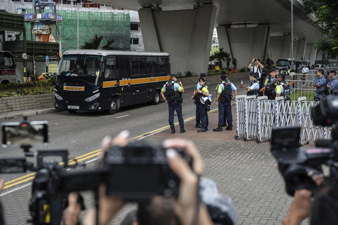 A Correctional Services Department vehicle arrives at the West Kowloon Magistrates’ Courts in Hong Kong on May 30, 2024. (AP)