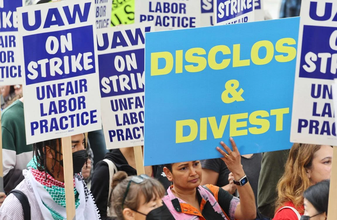 The academic workers are striking over the law enforcement response at various University of California pro-Palestinian campus protests. (AFP)