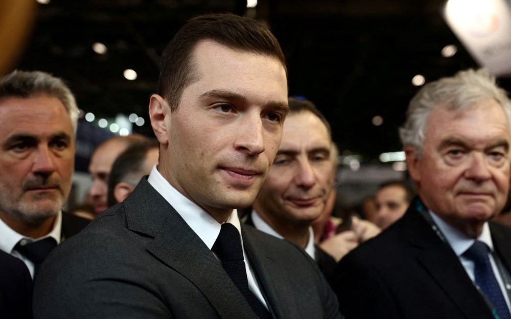 Jordan Bardella visits the Eurosatory 2024 defense and security trade show, Villepinte, Paris, France, June 19, 2024. (Reuters)