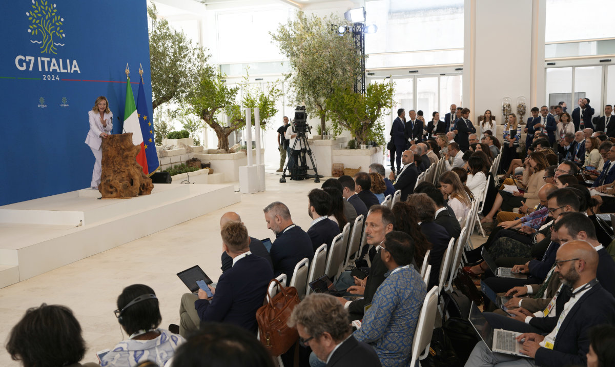 Italian Prime Minister Giorgia Meloni speaks during a final media conference at the G7 in Borgo Egnazia, in Italy. (AP)
