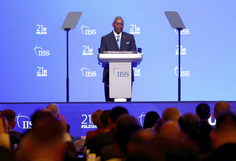 US Defense Secretary Lloyd Austin speaks at the Shangri-la Dialogue in Singapore June 1, 2024. (Reuters)