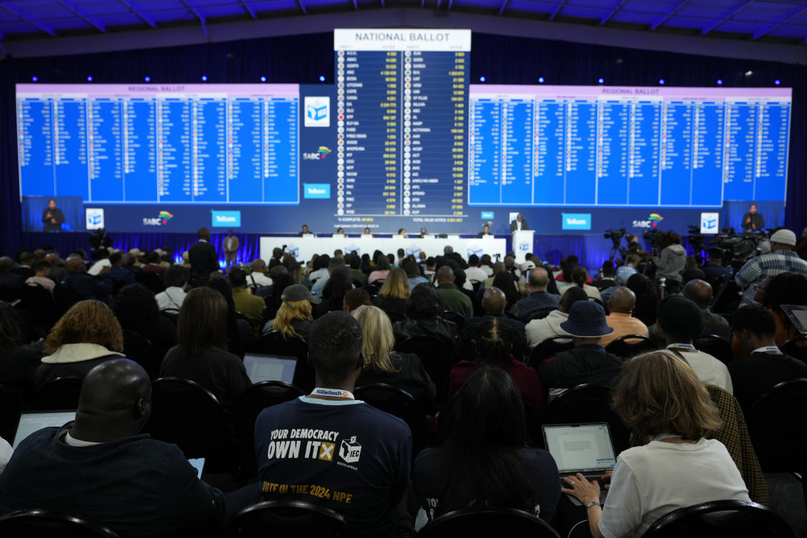 Above, the latest election results are displayed at the Results Operation Center in Midrand, Johannesburg, South Africa on May 31, 2024. (AP)
