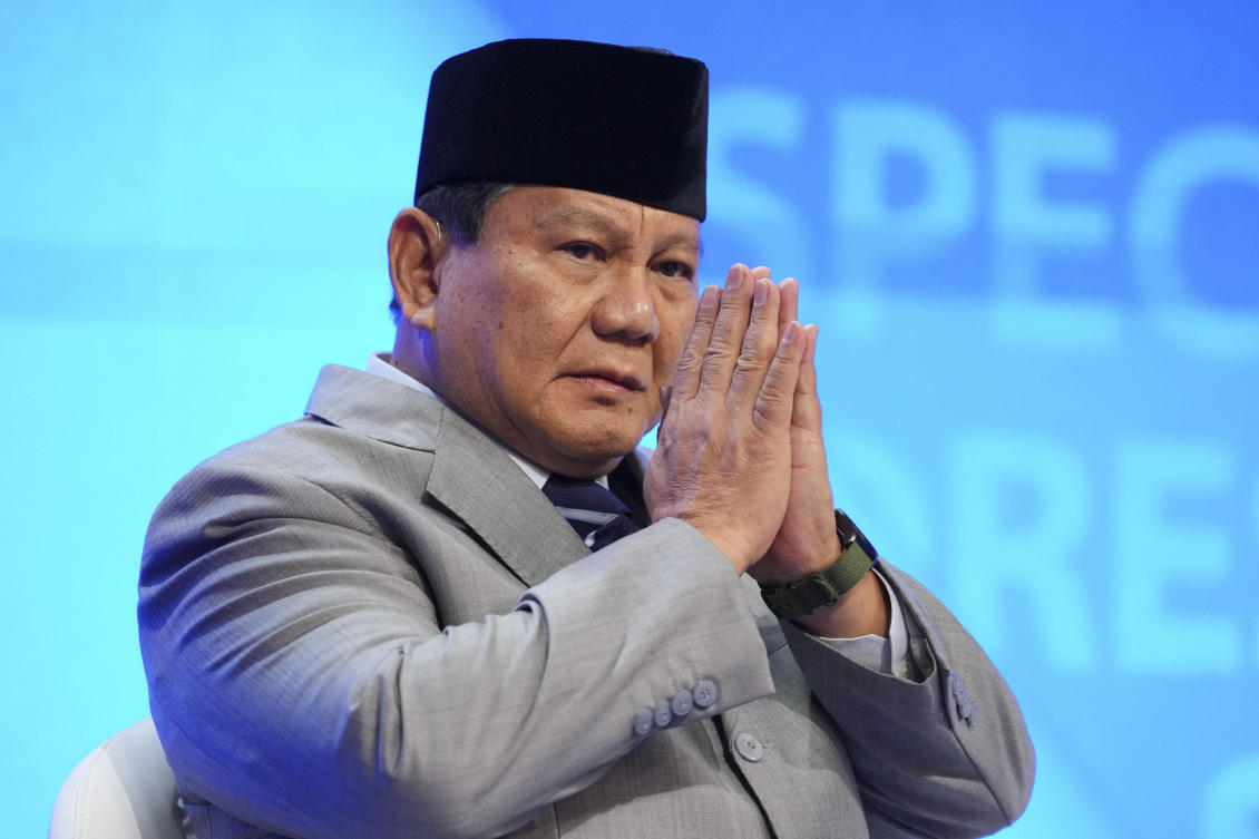Indonesia's president-elect Prabowo Subianto gesture during a special address at the 21st Shangri-La Dialogue meeting at the Shangri-La Hotel in Singapore. (AP)