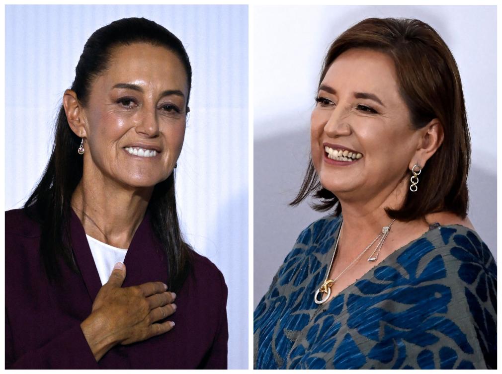 Mexican leftist presidential candidate Claudia Sheinbaum (L) gesturing during a meeting with businessmen at the Hilton Hotel in Mexico City on April 15, 2024, and Mexico’s presidential candidate for Fuerza y Corazon por Mexico coalition party Xochitl Galvez smiling following the third presidential debate in Mexico City, on May 19, 2024. (AFP/File Photo)