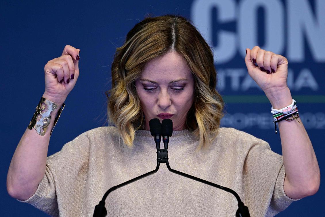Italian Prime Minister Giorgia Meloni delivers a speech during a campaign meeting of Italian far-right party “Fratelli d’Italia” (Brothers of Italy) for the upcoming European elections, on June 1, 2024 in Rome. (AFP)