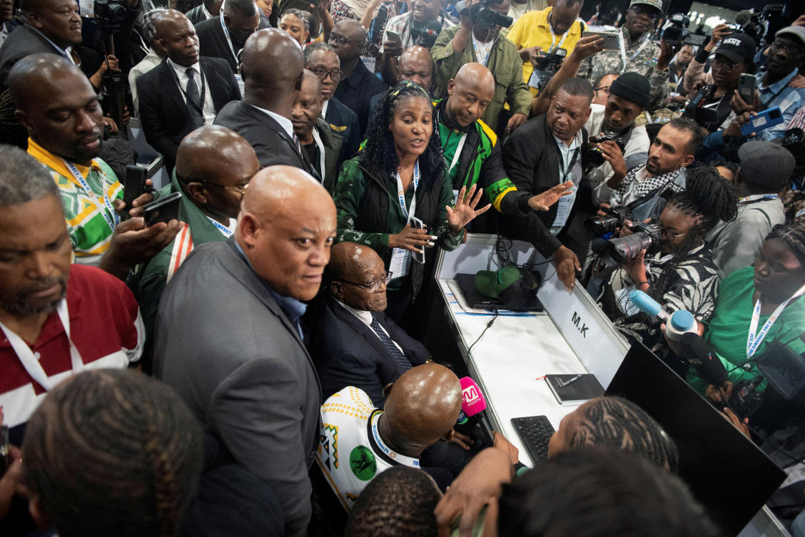 South Africa's former President Jacob Zuma sits at the booth of uMkhonto weSizwe (MK) at the National Results Operation Centre of the IEC, which serves as an operational hub where results of the national election are displayed, in Midrand, South Africa, June 1, 2024. (Reuters)