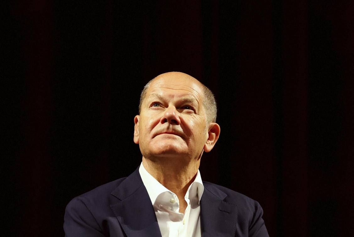 German Chancellor Olaf Scholz looks on as he attends Katholikentag, a gathering of German Catholics, in Erfurt, Germahy, Friday, May 31, 2024. (AP)