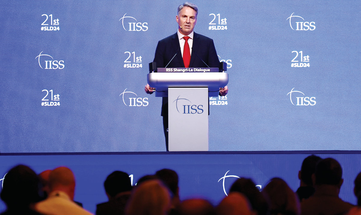 Australian Deputy PM and Defense Minister Richard Marles speaks during the 21st Shangri-La Dialogue summit at the Shangri-La Hotel in Singapore Saturday. (AP)