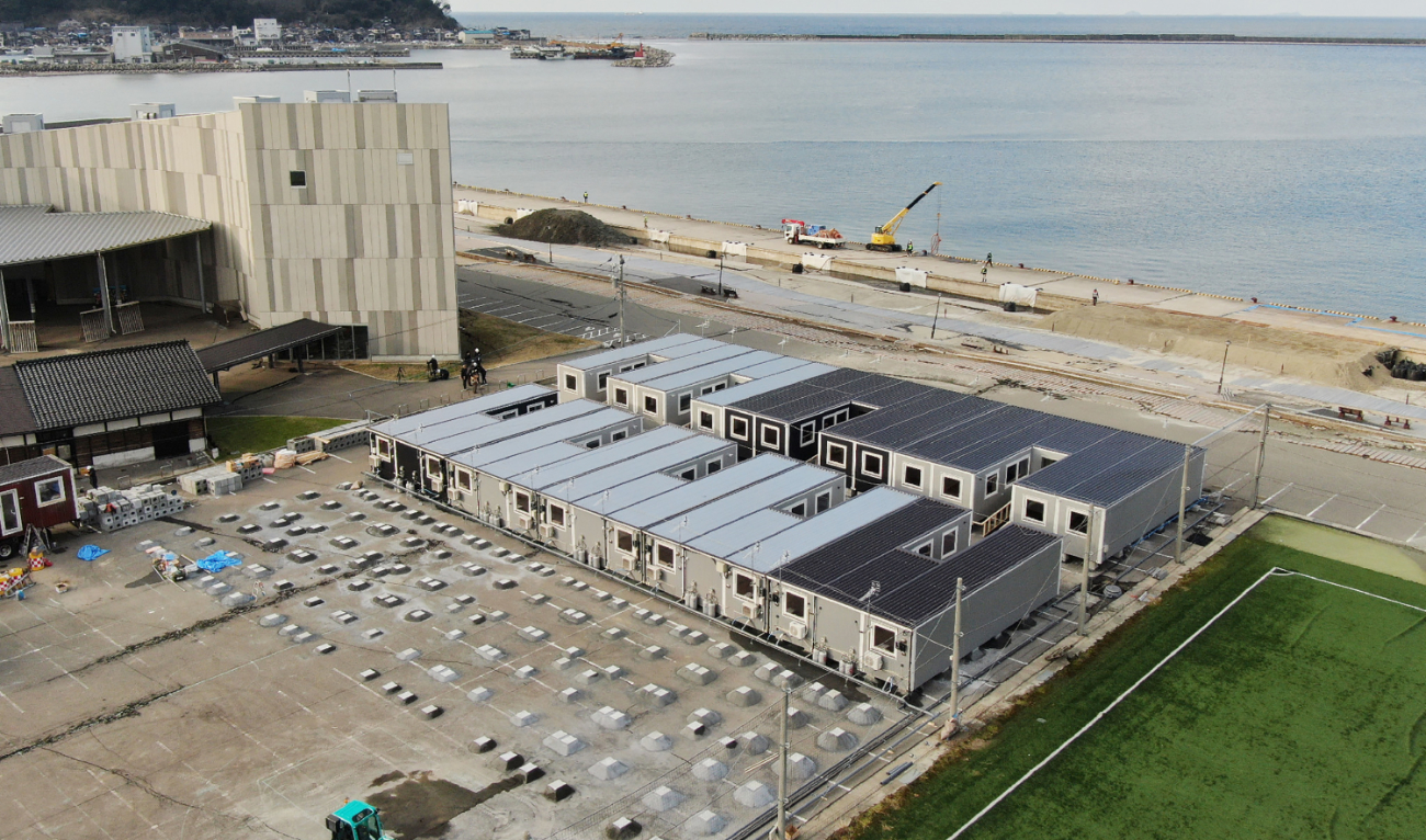 This aerial photo shows temporary housing for evacuees set up in Wajima, Ishikawa prefecture on January 31, 2024, almost one month after a major 7.5 magnitude earthquake struck the Noto region in Ishikawa prefecture. (AFP/File)