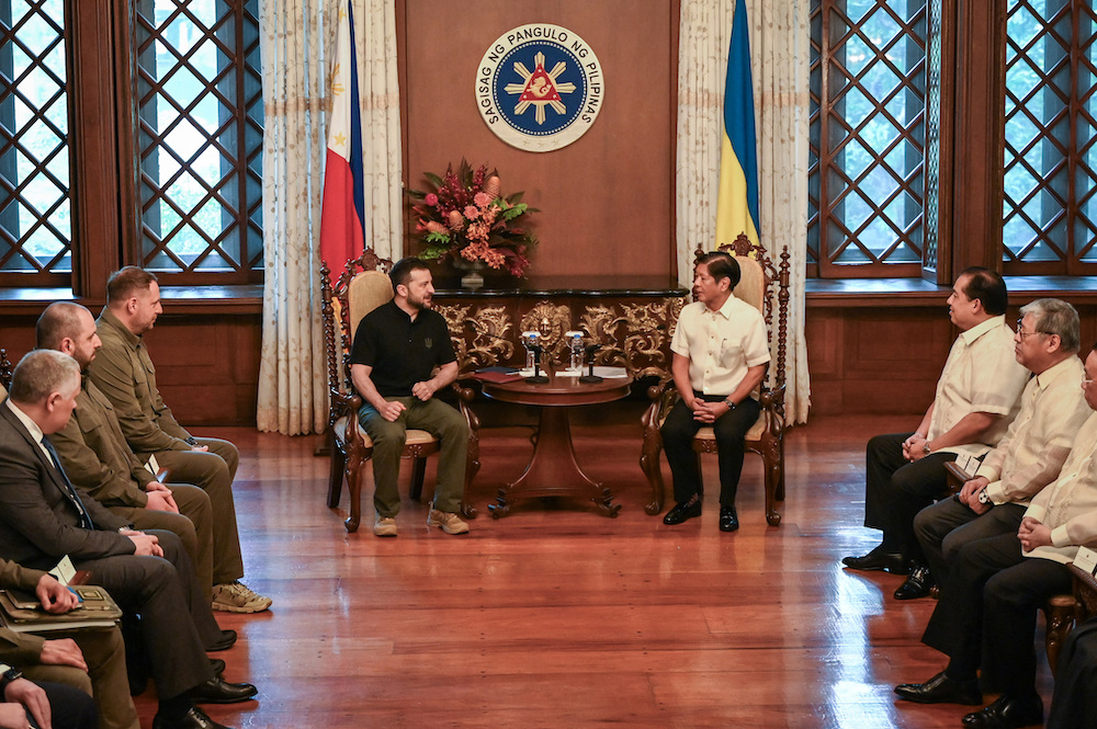 Ukrainian President Volodymyr Zelensky, left, during a bilateral meeting with Philippine President Ferdinand Marcos Jr. at the Malacañan Palace in Manila on June 3, 2024. (Reuters)