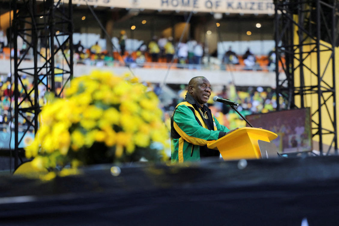 President of the African National Congress (ANC) Cyril Ramaphosa delivers an address to supporters during the political party’s final rally ahead of the upcoming election at FNB stadium in Johannesburg, South Africa, May 25, 2024. (REUTERS)