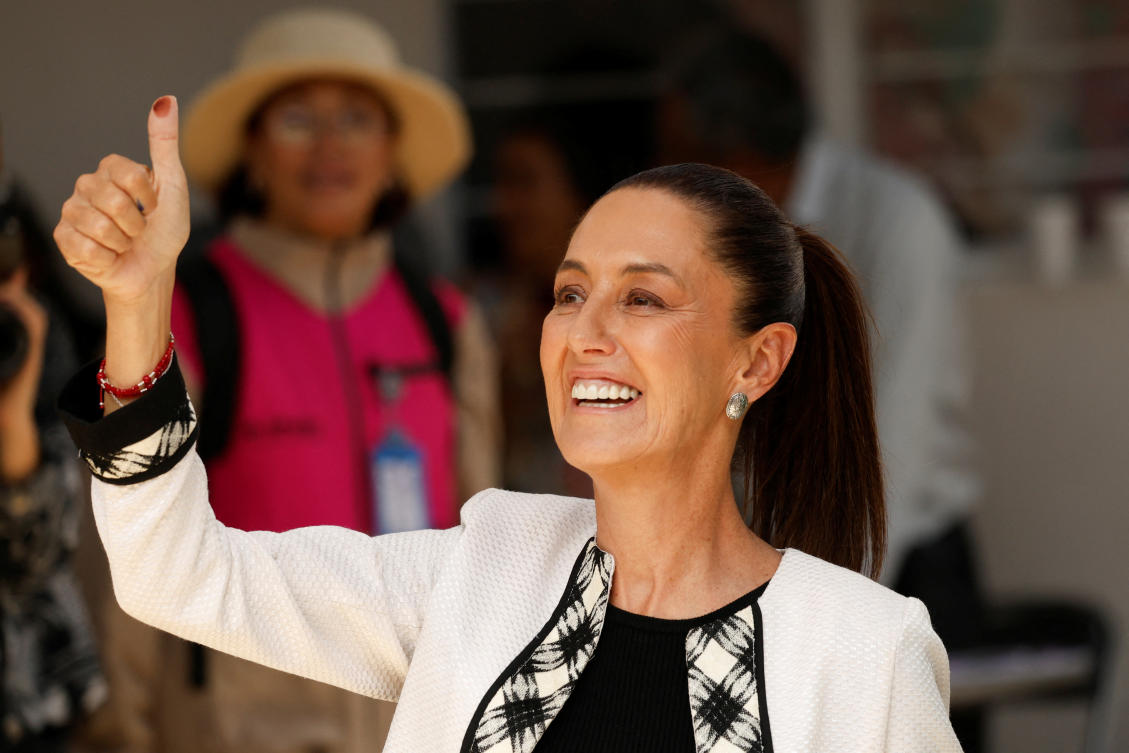 Claudia Sheinbaum, presidential candidate of the ruling MORENA party, gives a thumb up after she voted in the general elections, in Mexico City, Mexico June 2, 2024. (REUTERS)