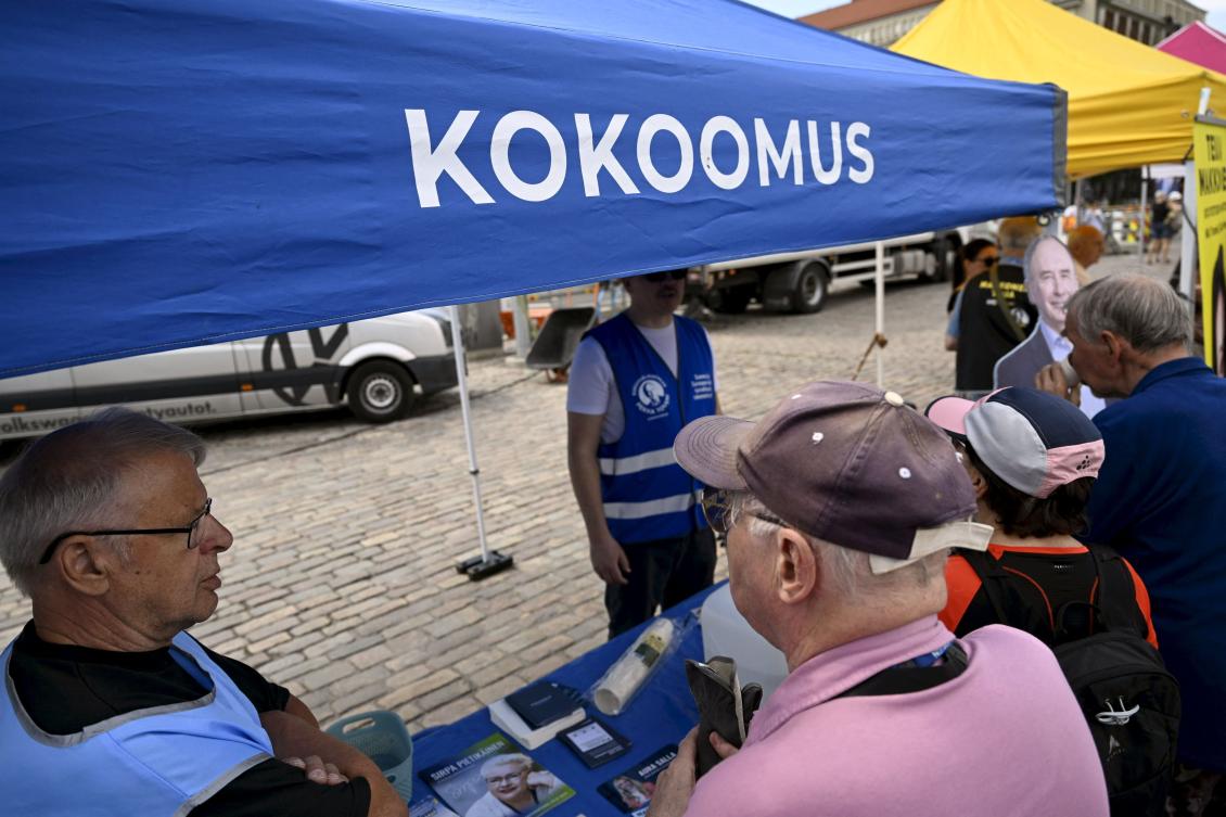 National Coalition Party Kokoomus campaigns for the upcoming European parliamentary elections in Helsinki, Finland on June 2, 2024. (AFP)