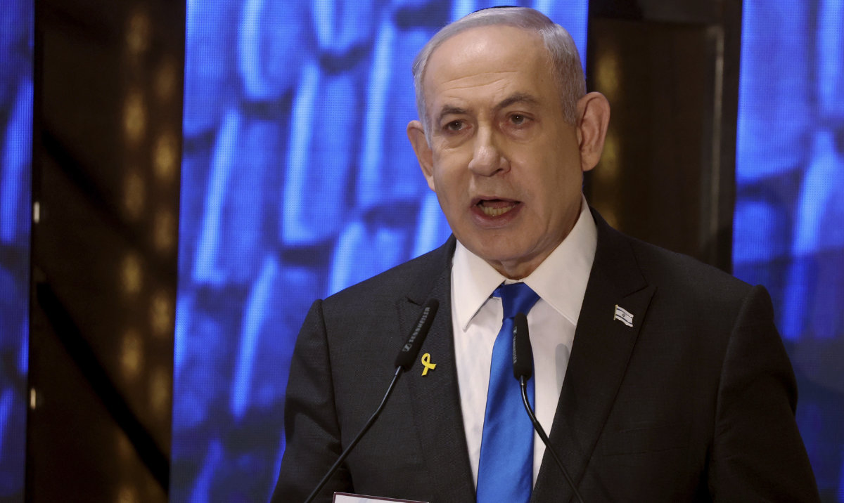 Israeli Prime Minister Benjamin Netanyahu addresses a ceremony marking Memorial Day for fallen soldiers of Israel's wars and victims of attacks at Jerusalem's Mount Herzl military cemetery on May 13, 2024. (AP)