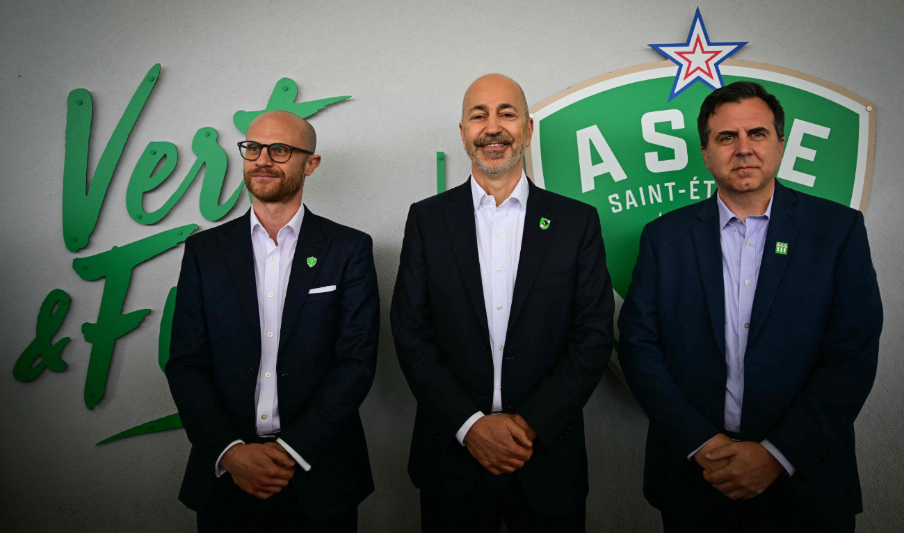 Kilmer Sports Venture (KVS) Executive Vice President Huss Fahmy (L), KVS general director Ivan Gazidis (C) and KVS Executive Vice President Jaeson Rosenfeld (R) during a press conference on the acquisition of the Ligue 1 football club ASSE Saint-Etienne on June 3, 2024. (AFP)