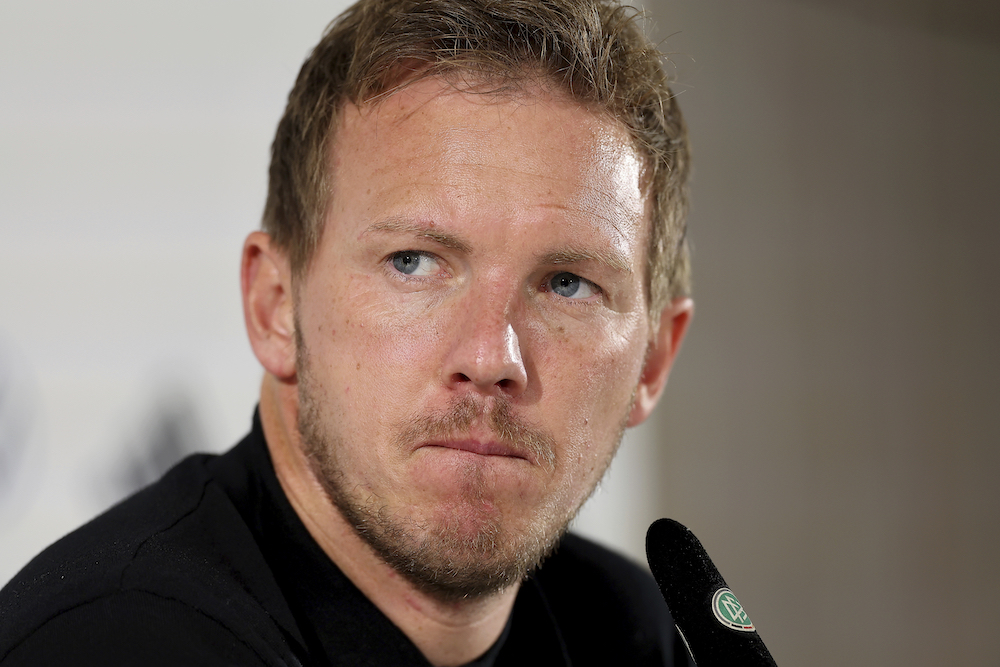 Germany’s head coach Julian Nagelsmann speaks at a press conference after an international friendly football match between Germany and Ukraine at the Max Morlock stadium in Nuremberg, Germany, Monday. (dpa via AP)