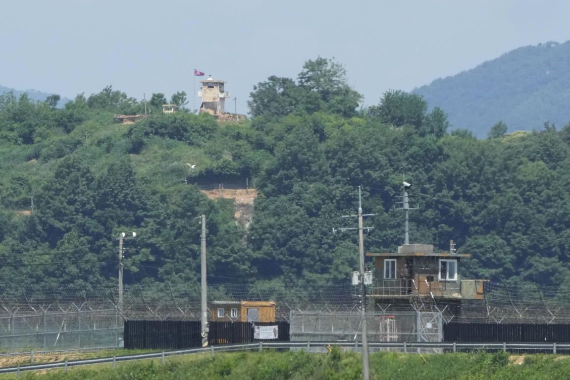 Above, a North Korean military guard post, top, and South Korean post, bottom, from the border town Paju in South Korea on May 31, 2024. South Korea’s Cabinet Council passed a proposal aimed at suspending the 2018 inter-Korean agreement on lowering frontline military tensions. (AP)