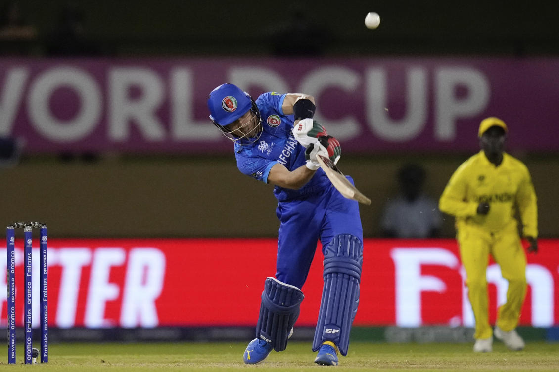 Afghanistan’s Rahmanullah Gurbaz plays a shot against Uganda during an ICC Men’s T20 World Cup cricket match at Guyana National Stadium in Providence, Guyana on June 3, 2024. (AP)
