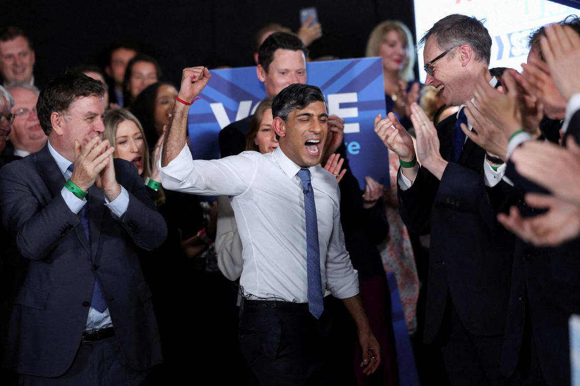 British Prime Minister Rishi Sunak attends a Conservative party rally, after he called for a general election, in London, Britain, May 22, 2024. (Reuters)
