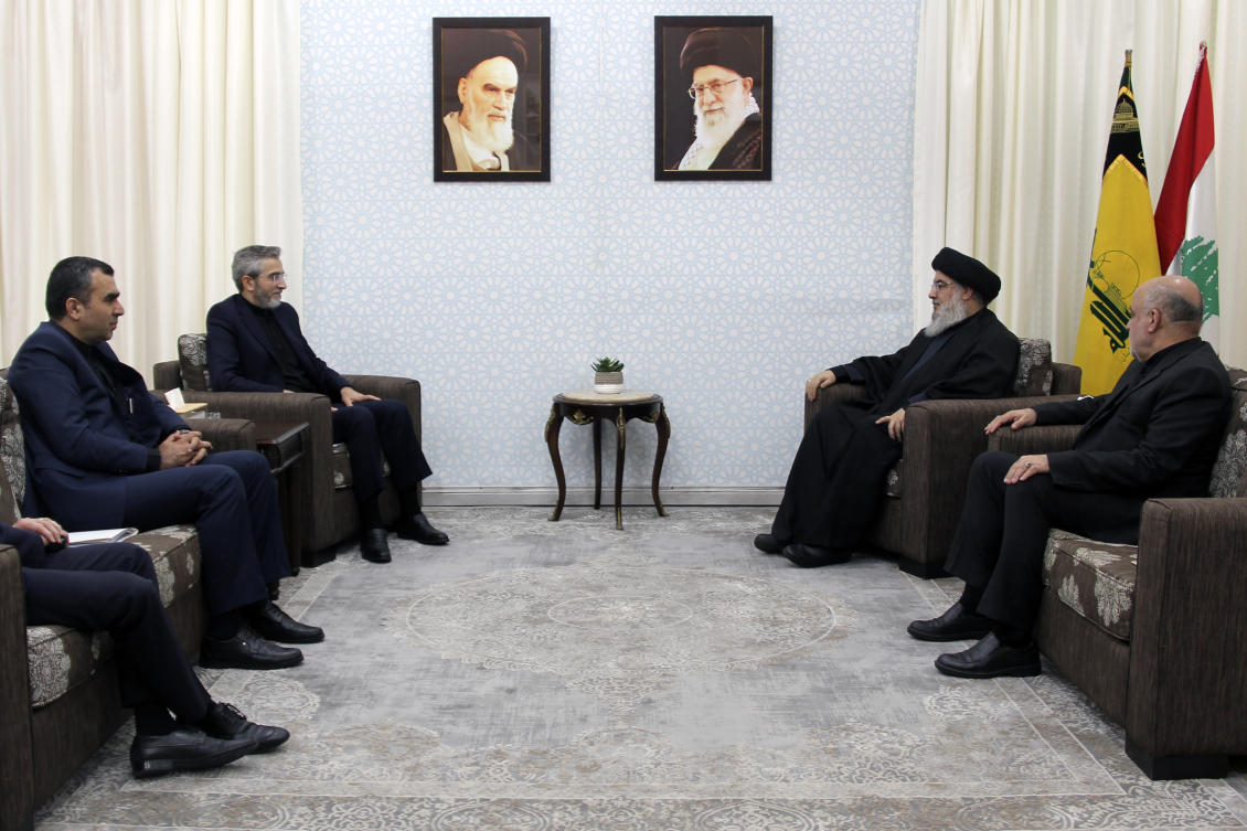 In this photo released by the Hezbollah Media Relations Office, Hezbollah leader Sayyed Hassan Nasrallah, second right, meets with Iranian interim Foreign Minister Ali Bagheri Kani, second left, in Beirut, Lebanon, Tuesday, June 4, 2024. (Hezbollah Media Relations Office via AP )