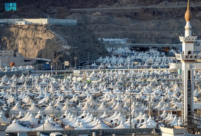 An aerial view of rows of tents housing Muslim pilgrims in Mina, near the holy city of Mecca on June 30, 2023. (SPA/File)
