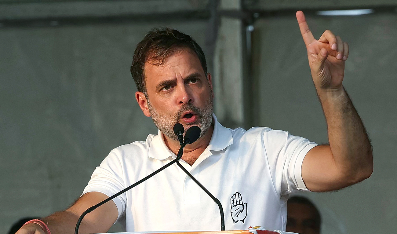Indian National Congress (INC) Party leader Rahul Gandhi speaks during an election rally of Indian National Developmental Inclusive Alliance (INDIA) on the outskirts of Varanasi on May 28, 2024. (AFP)