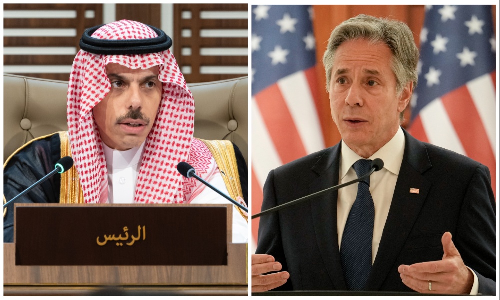 Saudi Foreign Minister Prince Faisal bin Farhan and Secretary of State Antony Blinken. (File/AFP)