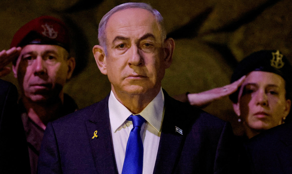 Israeli Prime Minister Benjamin Netanyahu attends a wreath-laying ceremony marking Holocaust Remembrance Day in the Hall of Remembrance at Yad Vashem, the World Holocaust Remembrance Centre, in Jerusalem, May 6, 2024. (Reuters)