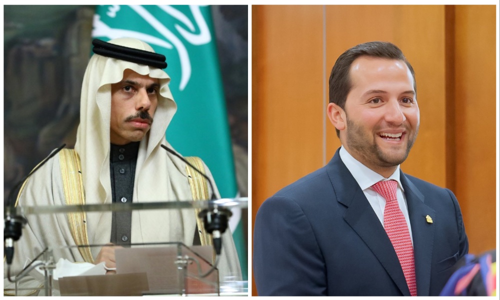 Saudi Foreign Minister Prince Faisal bin Farhan and Honduras’s Minister of Investment Miguel Medina. (File/AFP/@m_medina25)