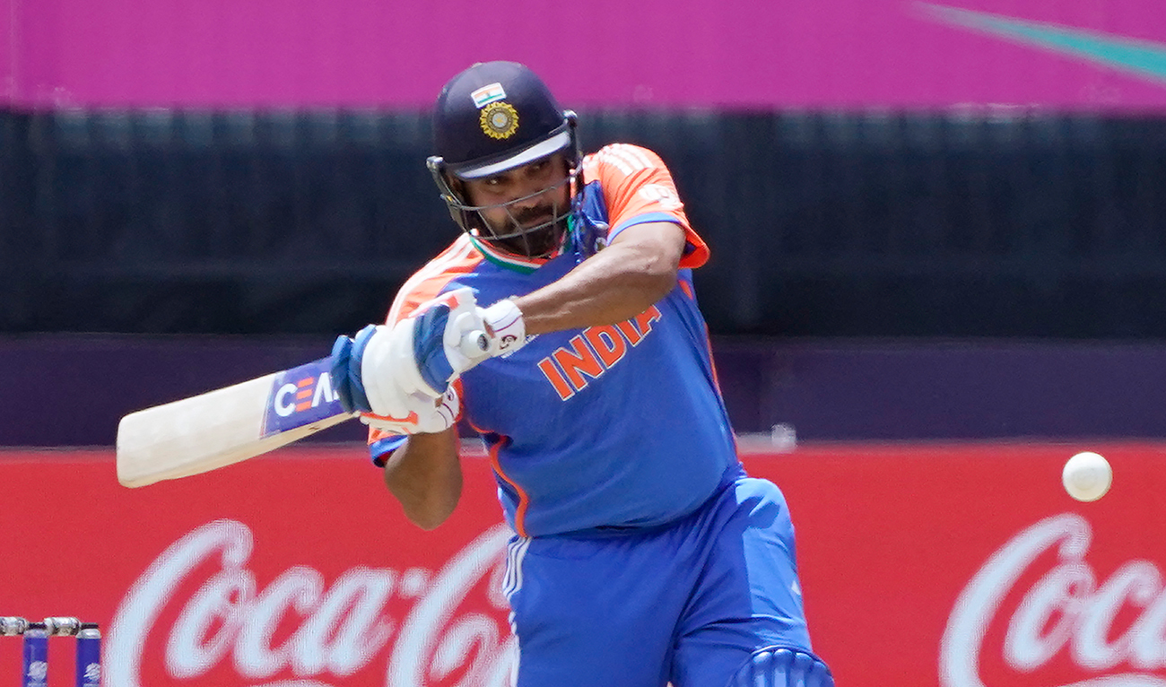 India's captain Rohit Sharma bats during the ICC men's Twenty20 World Cup 2024 group A cricket match between India and Ireland at Nassau County International Cricket Stadium in East Meadow, New York, on June 5, 2024. (AFP)