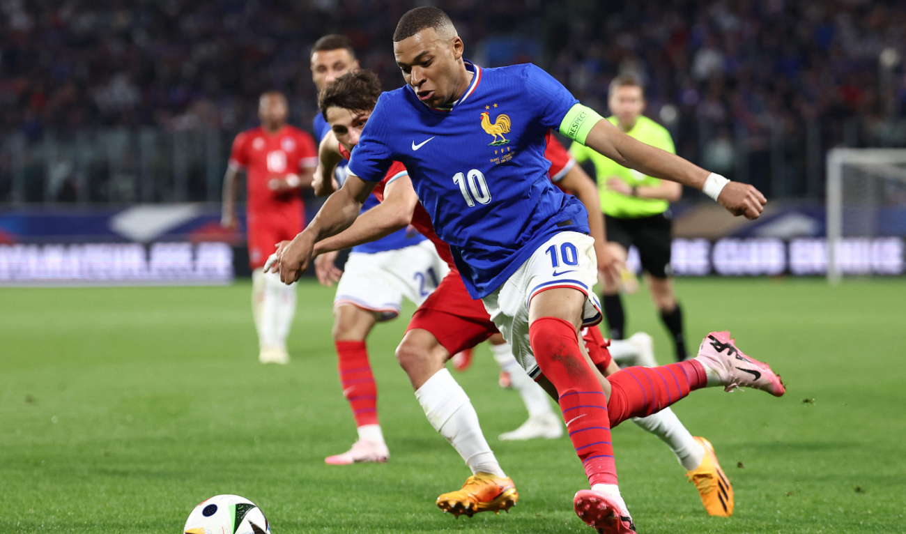 France's forward #10 Kylian Mbappe during the International friendly football match between France and Luxembourg at Saint-Symphorien Stadium in Longeville-les-Metz, eastern France, on June 5, 2024. (AFP)