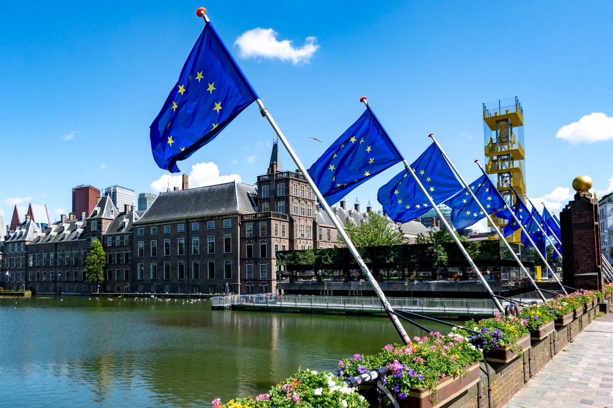 European flags are displayed in The Hague on June 5, 2024, ahead of the upcoming European elections. (AFP)