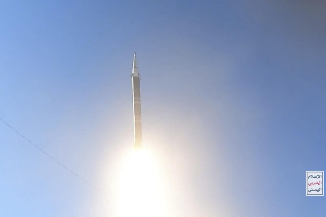 This frame grab from video released by the Ansar Allah Media Office of Yemen's Houthi rebels on Wednesday, June 5, 2024, shows the launch of a Palestine missile from a rebel-controlled area of Yemen. Yemen's Houthi rebels have unveiled a new, solid-fuel missile in their arsenal that resembles aspects of one earlier displayed by Iran that Tehran described as flying at hypersonic speeds. The logo in the bottom right reads in Arabic: "Yemen War Media." (AP)