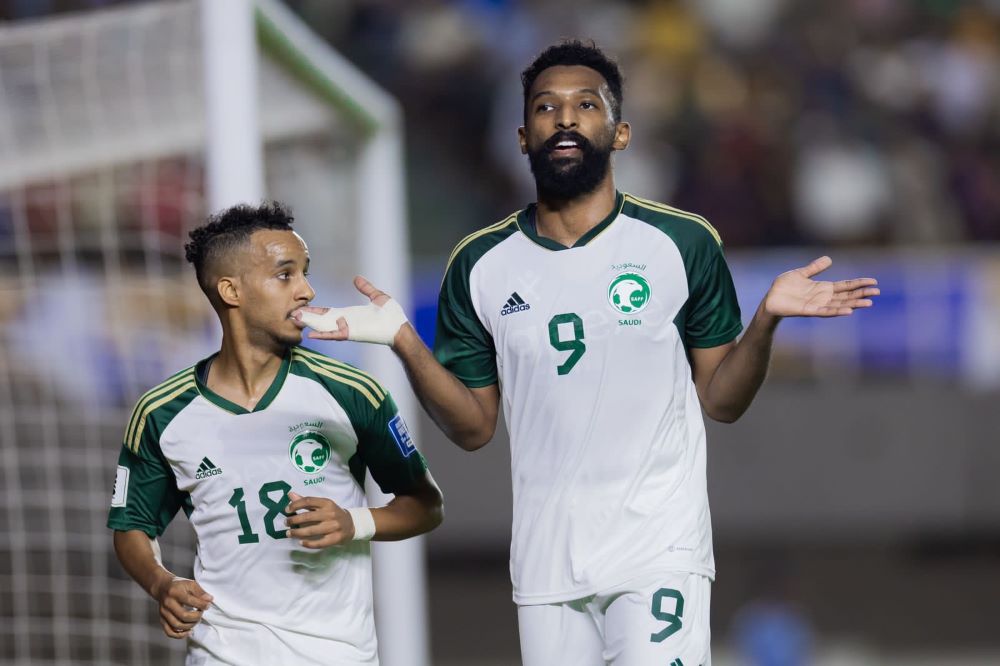 Firas Al-Buraikan celebrates scoring Saudi's first goial in the 3-0 win over Pakistan on Thursday night. (X/@SaudiNT)