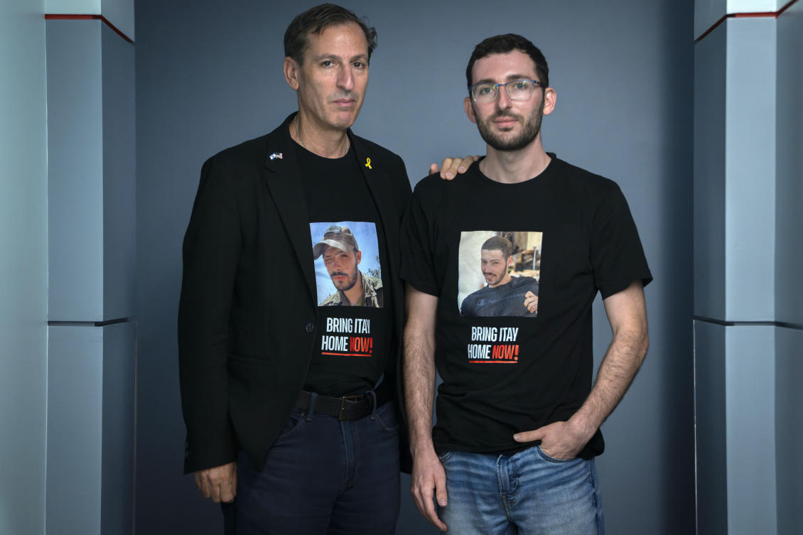 Ruby Chen, left, whose son Itay Chen, 19, was killed by Hamas on Oct. 7, 2023, and his body taken to Gaza, poses for a portrait with his son Roy Chen. (AP)