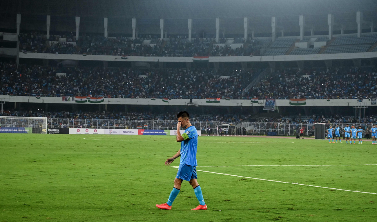 India’s captain Sunil Chhetri reacts at the end of the FIFA World Cup 2026 Asia qualifier match between India and Kuwait at the Salt Lake Stadium in Kolkata on June 6, 2024. (AFP)